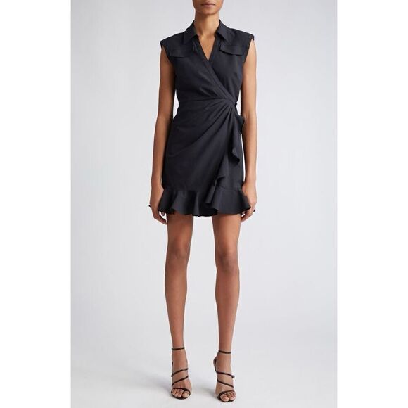 Cinq à Sept Women's Black Zenni Ruffle Sleeveless Wrap Dress Size 16 NWOT - Picture 1 of 12